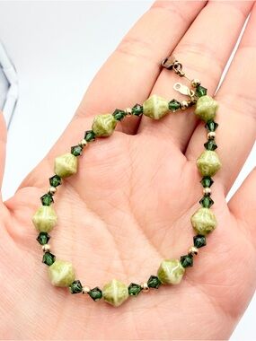 Vintage Jade Bead Bracelet 14K Gold Filled Green Crystal Accents